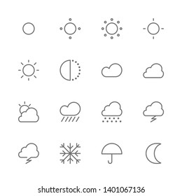 Simple Set of Weather and Climate Forecast Related Vector thin line Icons. Contains such as rainy, sunny, snowy, cloudy, day, night, hot, cold, sun, moon, umbrella and more. isolated illustration