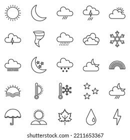 Simple Set Of Weather Icon Vector Lines. Contains Symbols Of Sun, Cloud, Snowflake, Wind, Rainbow, Moon And More.  Editable Strokes. There Are 25 Icon Sets. 