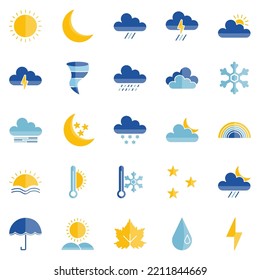 Simple Set Of Weather Icon Vector Flat. Contains Symbols Of Sun, Cloud, Snowflake, Wind, Rainbow, Moon And More. There Are 25 Icon Sets. 