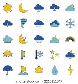 Simple Set Of Weather Icon Vector Filled Line. Contains Symbols Of Sun, Cloud, Snowflake, Wind, Rainbow, Moon And More. There Are 25 Icon Sets. 