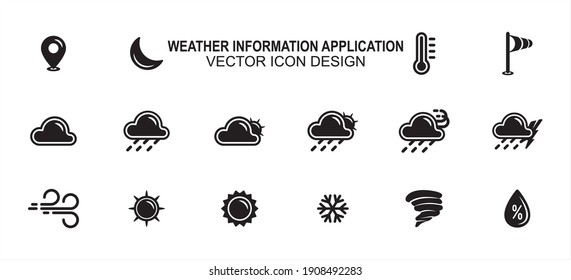 Simple Set of weather prediction information Vector icon user interface graphic design. Contains such Icons as place, moon, temperature, wind speed, windy, sunny, snowy, storm, cloudy, rainy, humidity