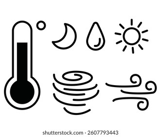 Simple Set of Weather Related Vector Line Icons. 
Contains such Icons as Temperature, Wind,  Sun, water, moon.
Editable Stroke. 
