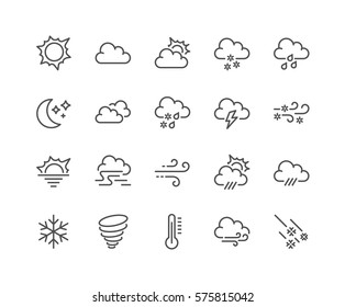 Simple Set of Weather Related Vector Line Icons. 
Contains such Icons as Wind, Blizzard, Sun, Rain and more.
Editable Stroke. 48x48 Pixel Perfect.