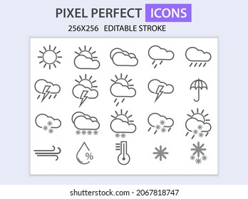 Simple set of weather vector line icons. Contains icons such as wind, blizzard, sun, rain and more. Editable move. 256x256 pixels perfect.