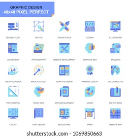 Simple Set Web and Graphic Design Flat Icons for Website and Mobile Apps. Contains such Icons as Studio, Tools, App Development, Retouching. 48x48 Pixel Perfect. Editable Stroke. Vector illustration.
