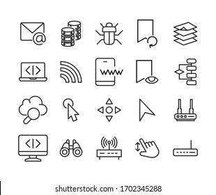 Sencillo conjunto de iconos web en estilo de línea de moda. Símbolos vectoriales modernos, aislados en un fondo blanco. Envase para pictogramas lineales. Colección de iconos de línea para aplicaciones web y concepto móvil.