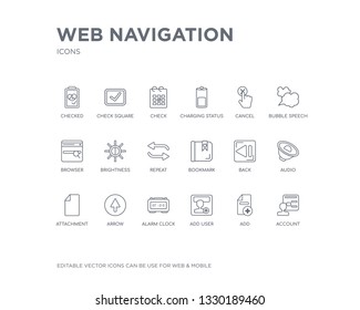 simple set of web navigation vector line icons. contains such icons as account, add, add user, alarm clock, arrow, attachment, audio, back, bookmark and more. editable pixel perfect.