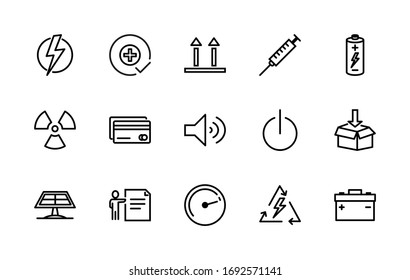 A simple set of web-related vector linear icons. Contains icons such as: battery, electronics, radiation, energy, and more. Editable Stroke. 48x48 pixels is fine.