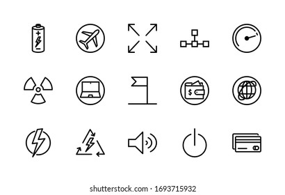 A simple set of web-related vector linear icons. Contains icons such as: battery, electronics, radiation, energy, and more. Editable Stroke. 48x48 pixels is fine.