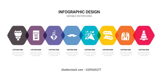 simple set of wedding cake, tuxedo, chat, confetti icons, contains such as icons moustache, tuxedo, wedding invitation, bouquet and more. 64x64 pixel perfect. editable vector set