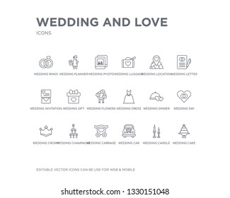 simple set of wedding and love vector line icons. contains such icons as wedding cake, wedding candle, car, carriage, champagne, crown, day, dinner, dress and more. editable pixel perfect.