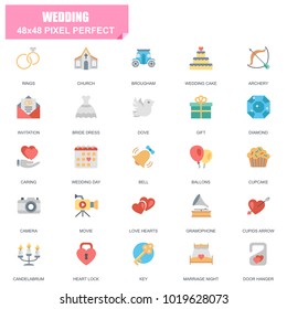 Simple Set of Wedding Related Vector Flat Icons. Contains such Icons as Bride Dress, Ballons, Rings, Brougham, Love Hearts, Gift, Invitation and more. Editable Stroke. 48x48 Pixel Perfect.