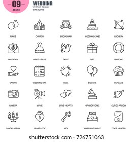Simple Set of Wedding Related Vector Line Icons. Contains such Icons as Bride Dress, Ballons, Rings, Brougham, Love Hearts, Gift, Invitation and more. Editable Stroke. 48x48 Pixel Perfect.