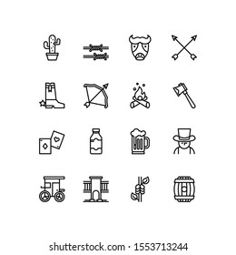 Simple Set of western Related Vector Line Icons. Contains such Icons as cactus, barbed wire, bison, arrows, boots, bow and arrow, bonfire, axe, poker, bottle, beer, cowboy and more.