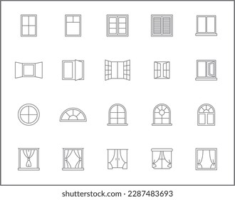 Simple Set of window Related Vector Line Icons. Vector collection of open, close, curtain, French door, glass and design elements symbols or logo element.
