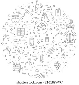 Simple Set of wine and alcohol Related Vector Line Illustration. Contains such Icons as drink, glass, barrel, grape, bottle, vineyard and Other Elements. Modern style line drawing and background 