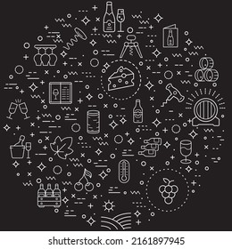 Simple Set of wine and alcohol Related Vector Line Illustration. Contains such Icons as drink, glass, barrel, grape, bottle, vineyard and Other Elements. Modern style line drawing and background 