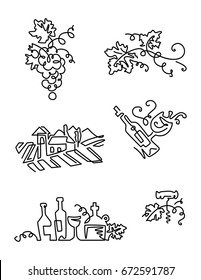 Simple Set of Wine Icons. Line art. Includes such Icons as grapes, bottle of wine with label, vineyard.