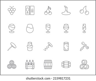 Simple Set of wine Related Vector Line Icons. Contains such Icons as drink, glass, alcohol, bottle, grape, leaf, barrel, vineyard linear symbols and more.