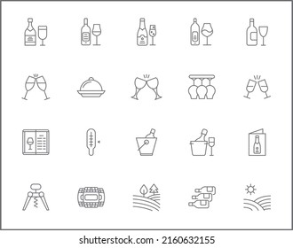 Simple Set of wine Related Vector Line Icons. Contains such Icons as drink, glass, alcohol, bottle, grape, leaf, barrel, vineyard linear symbols and more.