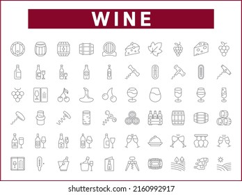 Simple Set of wine Related Vector Line Icons. Contains such Icons as drink, glass, alcohol, bottle, grape, leaf, barrel, vineyard linear symbols and more.