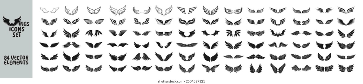 Conjunto simple de iconos vectoriales de alas para el Diseño web sobre fondo transparente. Conjunto de Vector de icono de alas de ángel. Águila, pájaro, heráldico, volando, halcón, fénix, halcón logo