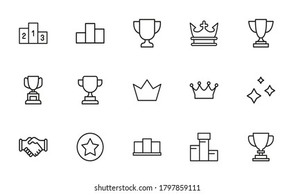 Einfache Auswahl an Gewinnersymbolen im trendigen Linienstil. Moderne Vektorsymbole einzeln auf weißem Hintergrund. Lineare Piktogrammpackung. Kollektion von Line-Icons für Web-Apps und mobiles Konzept.