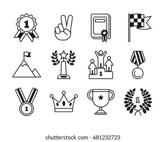 Simple Set Of Winning Themed Line Icons. Contains Such Icons As Medal, Peace Sign, Certificate, Flag, Crown, Mountain, Ruler, Chisel, Pen And More.