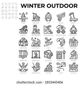 Simple Set of winter outdoor, Line Icons such Icons as xmas, tree, snowflake. Editable Stroke Vector