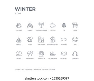 simple set of winter vector line icons. contains such icons as earmuffs, snow ball, snowmobile, snowplow, snowshoes, snowy, hail, bobsled, winter clothes and more. editable pixel perfect.
