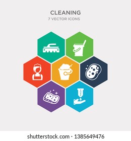 simple set of wiping vacuum tool, wiping soap, wiping sponge tool, tray tool icons, contains such as icons woman head, trash container, brush and more. 64x64 pixel perfect. infographics vector