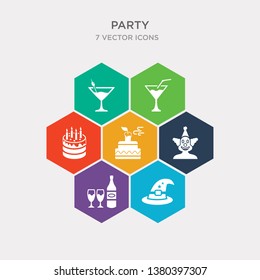 simple set of wizard hat, bottle and two glasses, clown head with hat, blowing candle icons, contains such as icons cake with three candles, bowl with straw, martini glass olive and more. 64x64