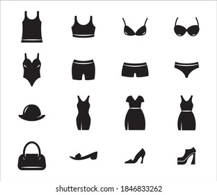 Simple Set of woman's outfit or cloth Related Vector icon graphic design. Contains such Icons as singlet, underwear, bra, sport bra, bikini, dress, tank top, thong, sleeve, slipper, heels, and bag