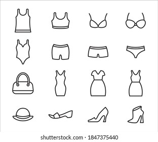 Simple Set of woman's outfit or cloth Related Vector icon graphic design. Contains such Icons as singlet, underwear, bra, sport bra, bikini, dress, tank top, thong, sleeve, slipper, heels, and bag