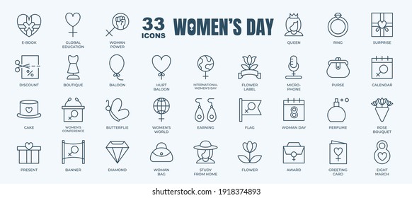Simple Set of Women's day, Eight March and Female holiday Related Vector Line Icons. Contains thin Icons as Female Emoji, Gender Woman Icon, Flower and more. Editable Stroke. 48x48 Pixel Perfect.eps