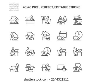 Simple Set of Work Place Related Vector Line Icons. Contains such Icons as Remote work, Coworking, Video Conference and more. Editable Stroke. 48x48 Pixel Perfect.