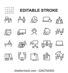 Simple Set of Work Place Related Vector Line Icons. Contains such Icons as Remote work, Document, Coworking, Video Conference and more. Eps 10.