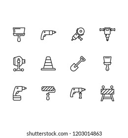 Simple set working tools for repair, design, construction and road works vector line icon. Contains such icons drill, circular saw, jackhammer, screwdriver, shovel, roller, concrete mixer, road cone