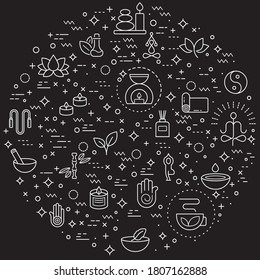 Simple Set of yoga and spa Related Vector Line Illustrations. Contains such Icons as wellness, pose, beauty, peace, therapy and more. Modern style line drawing and background color black.
