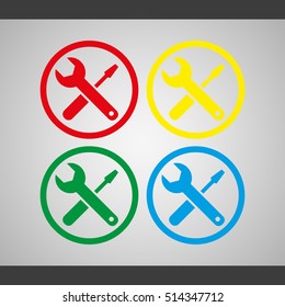 Simple Settings Symbol, Vector Illustration. Many Colored Tools, Simple Flat Graphic Design Isolated On Grey Background