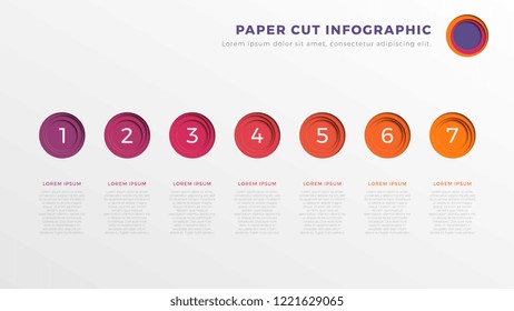 simple seven steps infographic timeline template with round paper cut elements. business process diagram for brochure, banner, annual report and presentation. easy for edit and customize. eps10