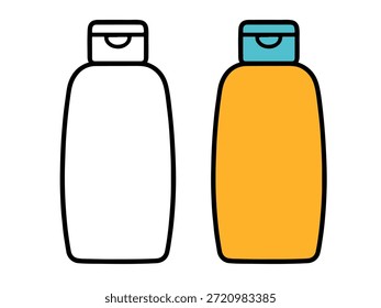 Ilustración de botella de champú simple con una versión de color y una versión de contorno, estilo limpio y mínimo adecuado para iconos, pegatinas, gráficos de baño, contenido para niños y páginas para colorear.