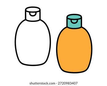 Ilustración de botella de champú simple con una versión de color y una versión de contorno, estilo limpio y mínimo adecuado para iconos, pegatinas, gráficos de cuidado personal, contenido para niños y páginas para colorear.