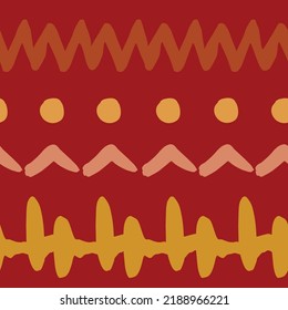 Simple shape boho style seamless repeat pattern on red background. Vector illustration. Hand drawn polka dots, zigzag and other elements.