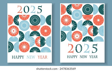 Bolas de Navidad de forma simple Feliz Año Nuevo Tarjeta de felicitación Set, tipografía de diseño moderno invitan a los carteles, Plantilla, diseño, diseño plano de saludo, Anuncio