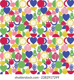Frutos de forma simples y elementos de diseño geométrico. Formas geométricas de fondo mosaico con frutos. Ilustración vectorial para afiches, portada, plantilla de banner. 