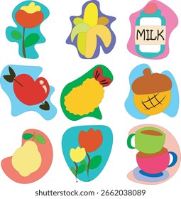 Ilustraciones de forma simple, flores, plátanos, leche, corazones, camarones, peras, jazmín, rosas, tazas de café.