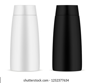 Simple shape plastic shampoo bottles pack in black and white color. Cosmetic containers for personal care products. Realistic vector illustration design.