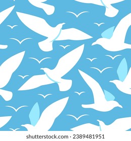 Simple shape silhouette white seagulls seamless pattern. Blue background. Different pose seagulls soaring in the sky. Graphic element for wallpaper, wrapping paper, textile print, design.