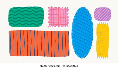 Simple shape stickers with various patterns in rough rustic style. Hand drawn vintage badges, banners and other forms with textures and patterns. Hand-drawn infographic Vector collection